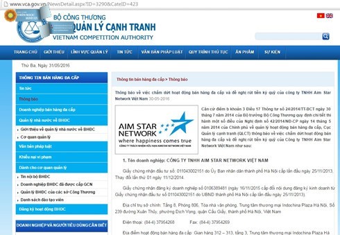 Thông báo về việc chấm dứt hoạt động bán hàng đa cấp của công ty TNHH Aim Star Network Việt Nam.